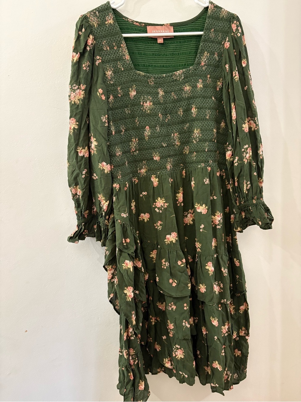 JESSAKAE  Green 3/4 Sleeve Floral Smocked  Dress - women’s XL- tiered